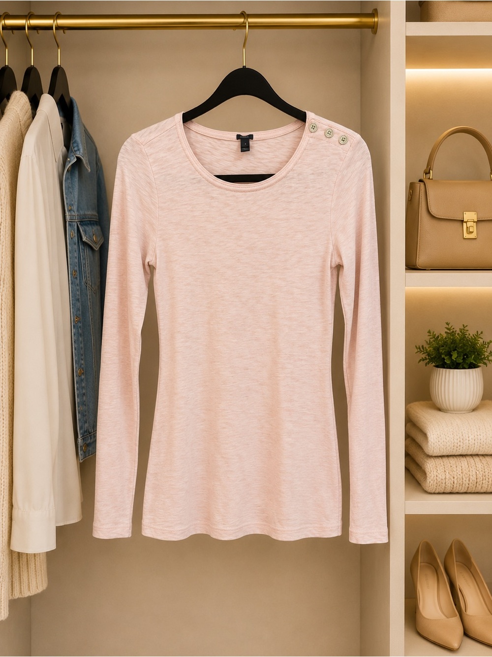 J Crew Women's Long-Sleeve Button Shoulder Tee - Blush Pink